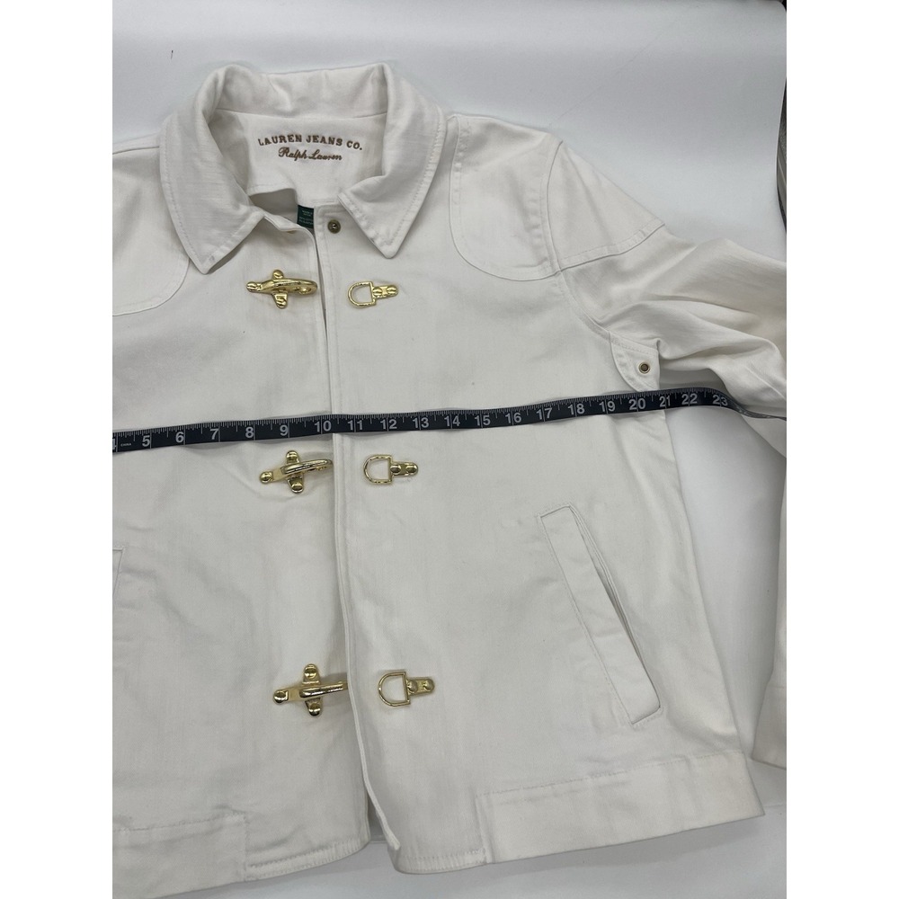 Ralph Lauren White Denim Jacket Nautical Utility L Equestrian Gold Buckle Luxury - Picture 10 of 10